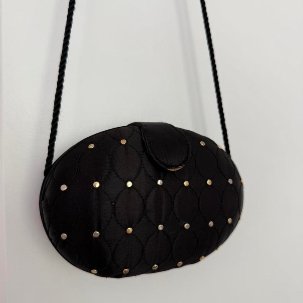 Vintage Black Quilted Studded Oval Crossbody Bag w/ Gold Hardware - Picture 2 of 7